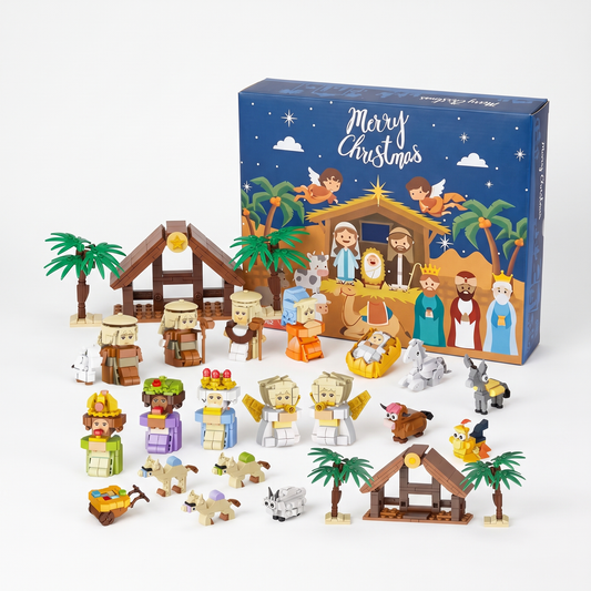 Holy Season nativity advent calendar - the complete brick nativity scene assembled beside the closed 24-door calendar box
